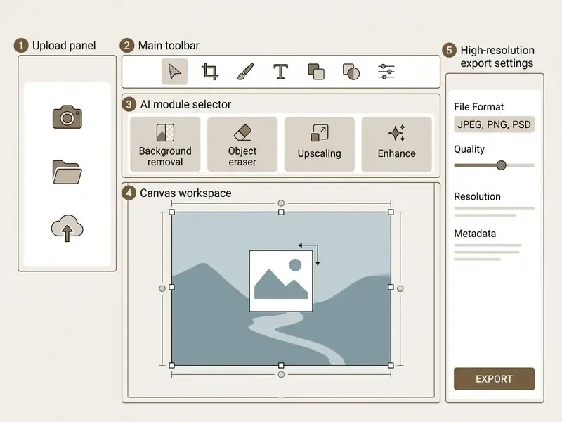 Annotated interface showing upload panel, toolbar, AI module selector, canvas workspace, and export settings