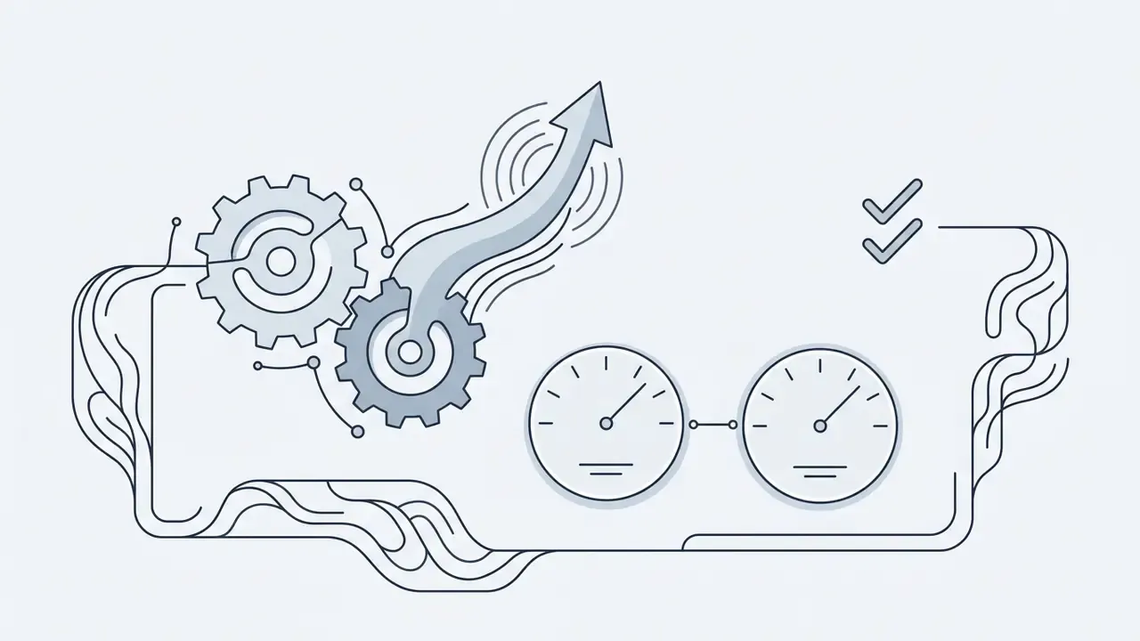 Two interlocking gears with an upward arrow and two circular gauges beside a pair of checkmarks