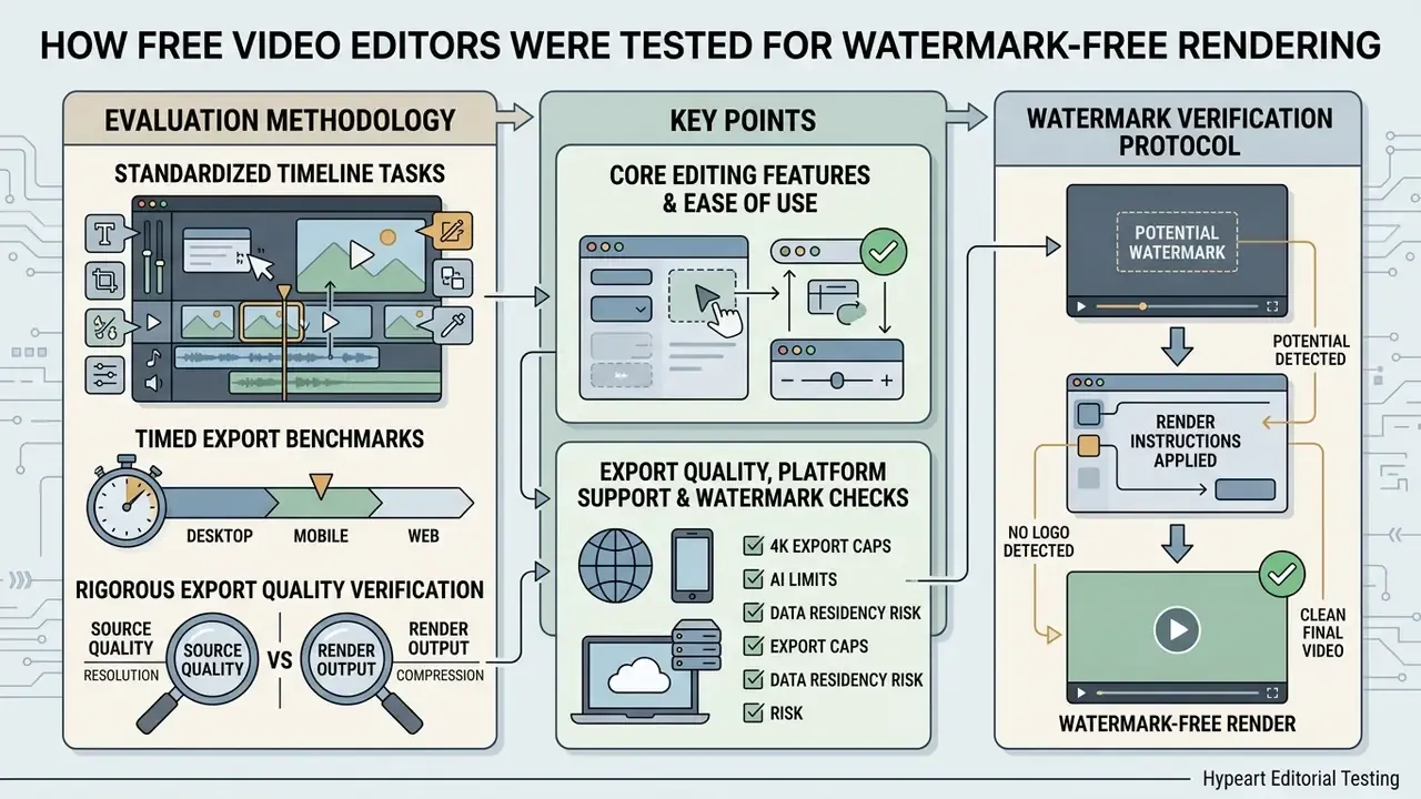 Infographic detailing the methodology for testing free video editors for export quality and watermarks