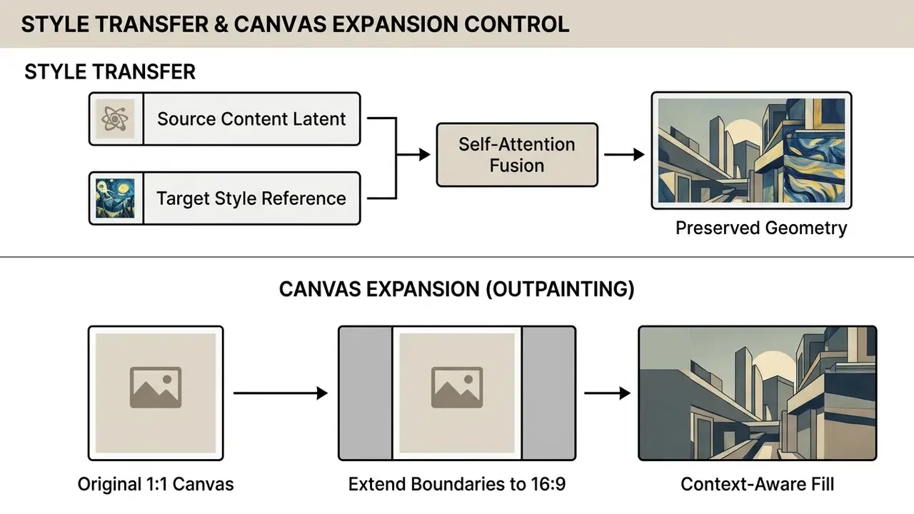 Two-part process showing style fusion of latent content with references and canvas outpainting steps