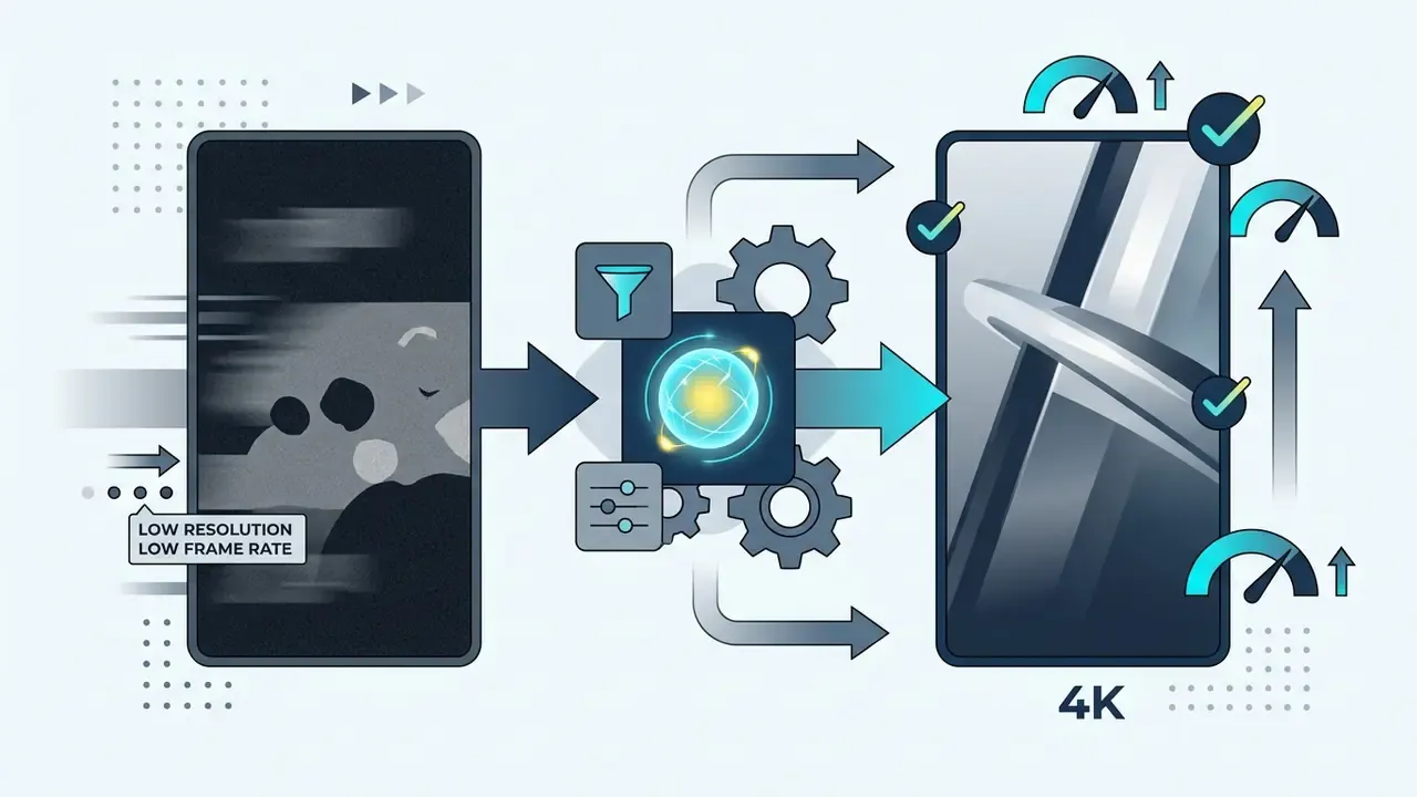 Low resolution video being processed by AI software into a sharp 4K clip with improved frame rate