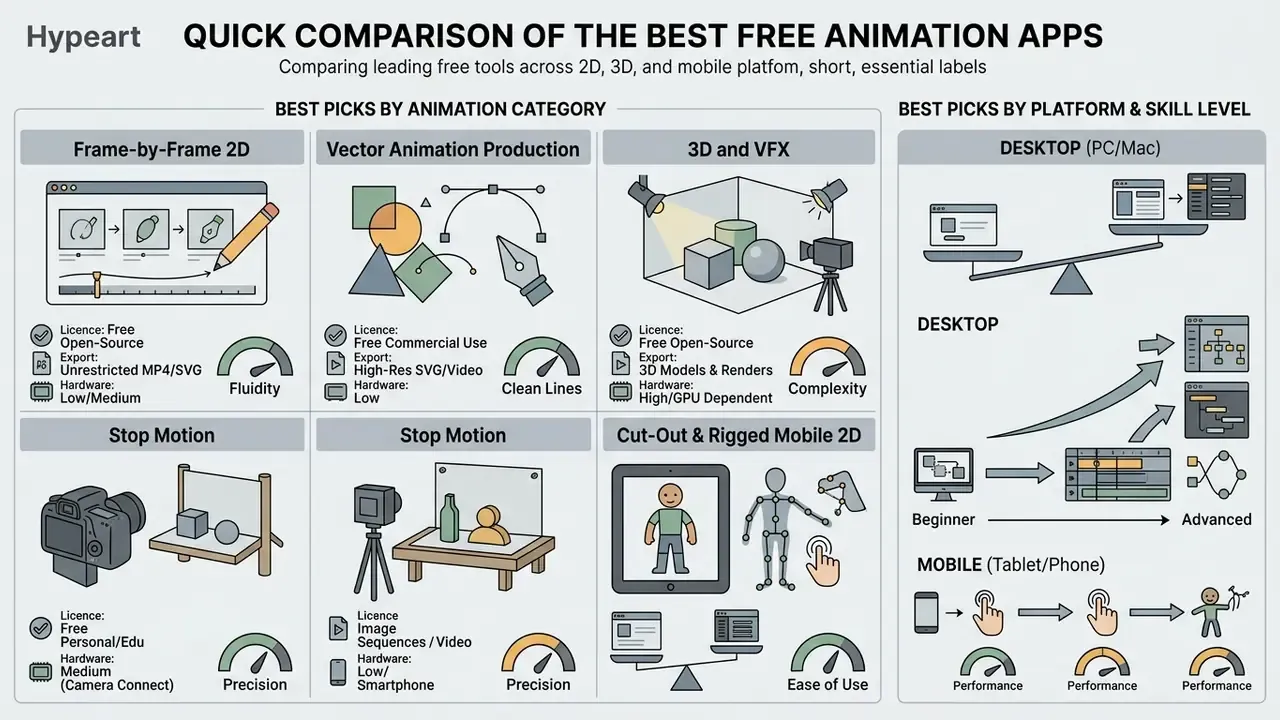 Infographic comparing free animation software by category, platform, and skill level with performance gauges
