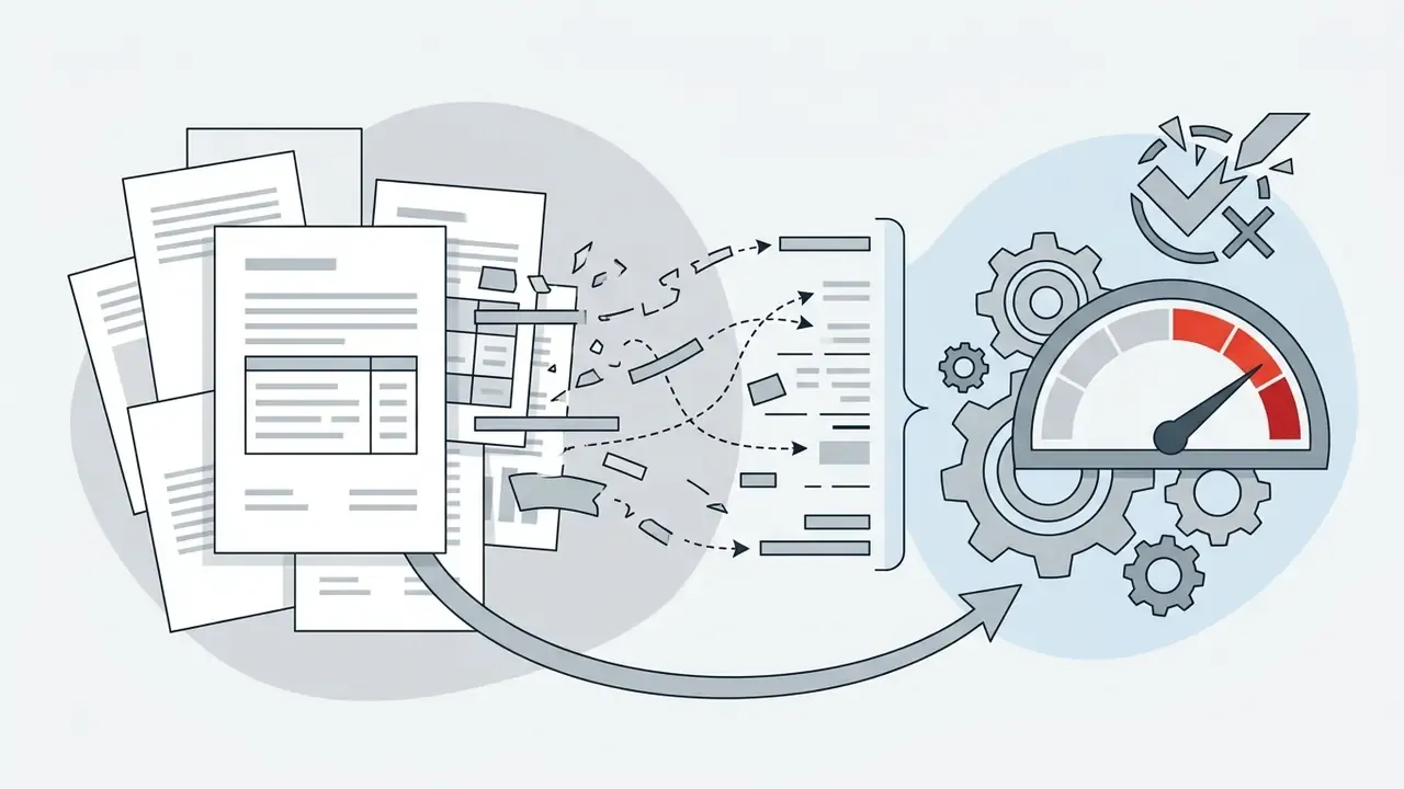Stack of documents breaking apart into data fragments that feed into a gear system with a gauge