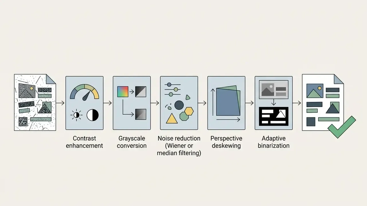 Sequential steps for visual preprocessing including contrast, grayscale, noise reduction, and binarization