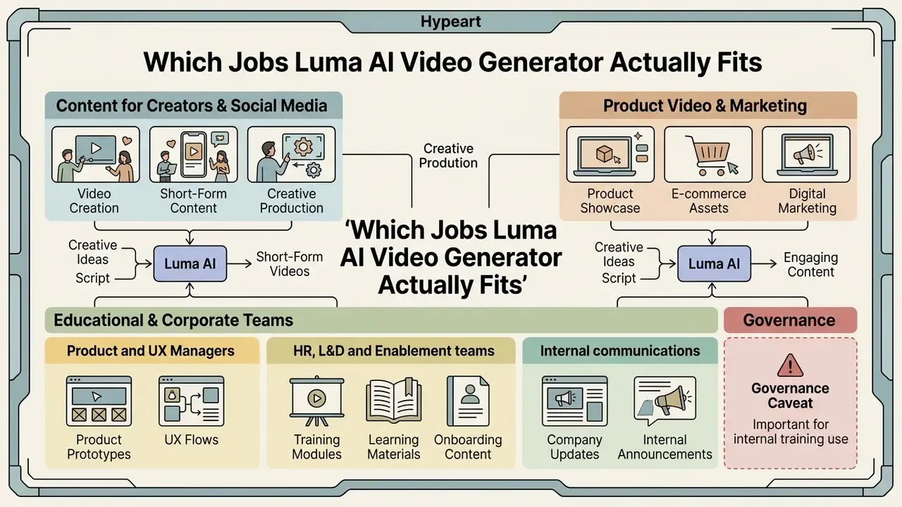 Categorized industry use cases for Luma AI video generation across creative, marketing, and corporate roles