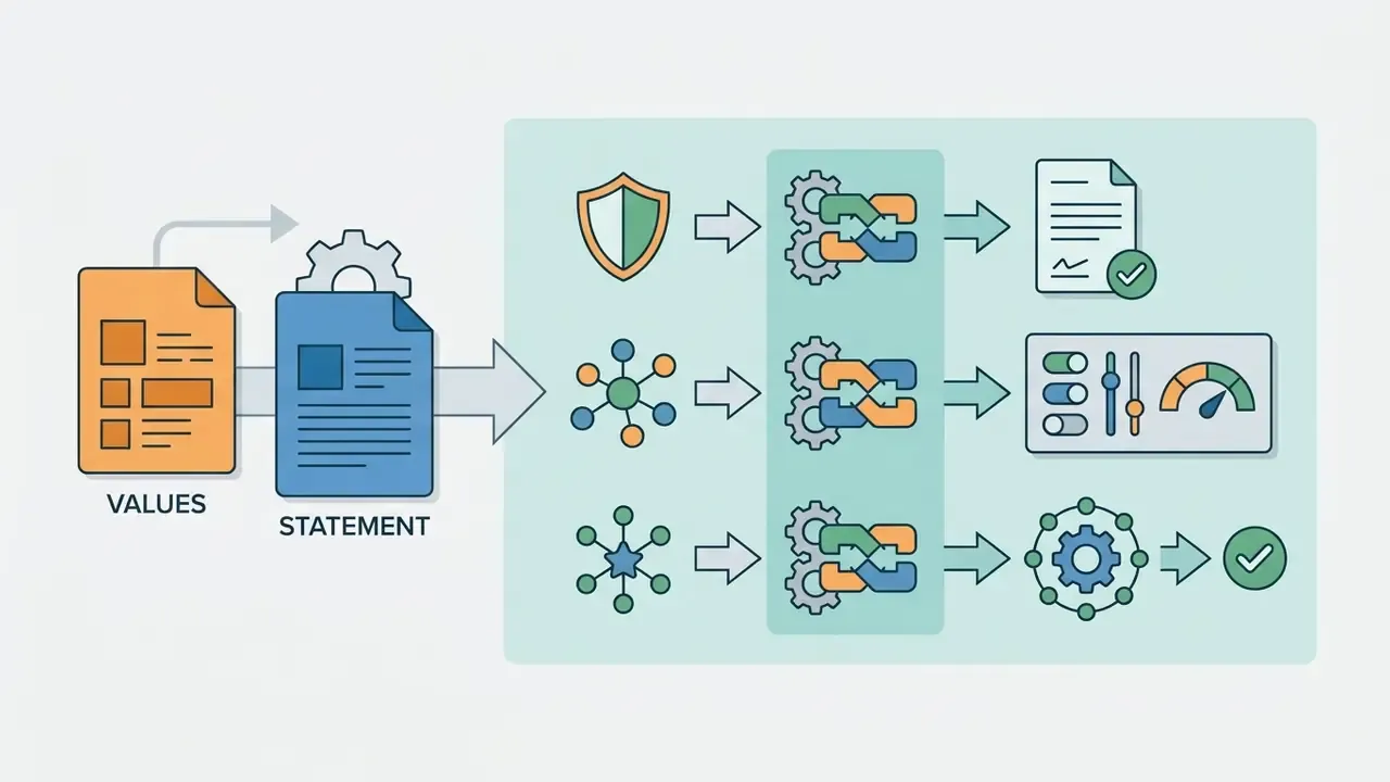 Values and statements flowing into gear mechanisms to align with policy controls and quality metrics