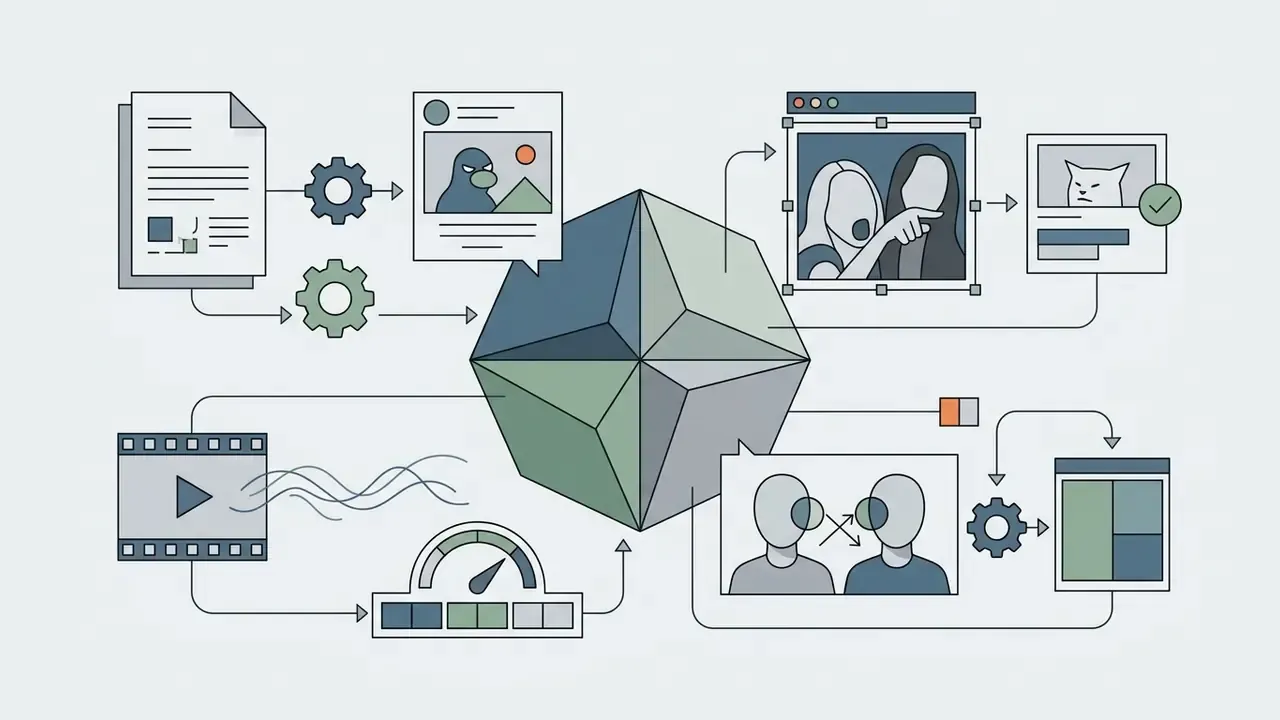 Central geometric shape connecting icons for text, video, photo editing, and template adaptation