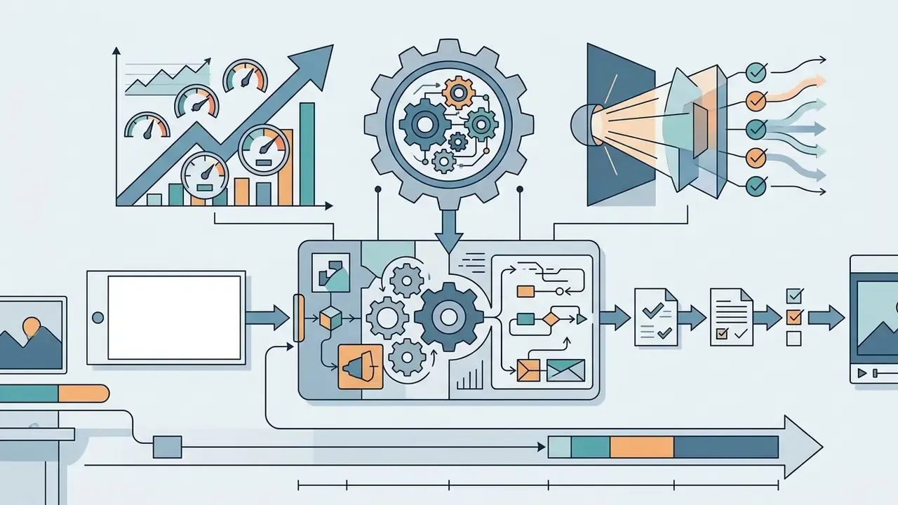 Technical diagram showing data processing steps from image input to video output with gears and flowcharts