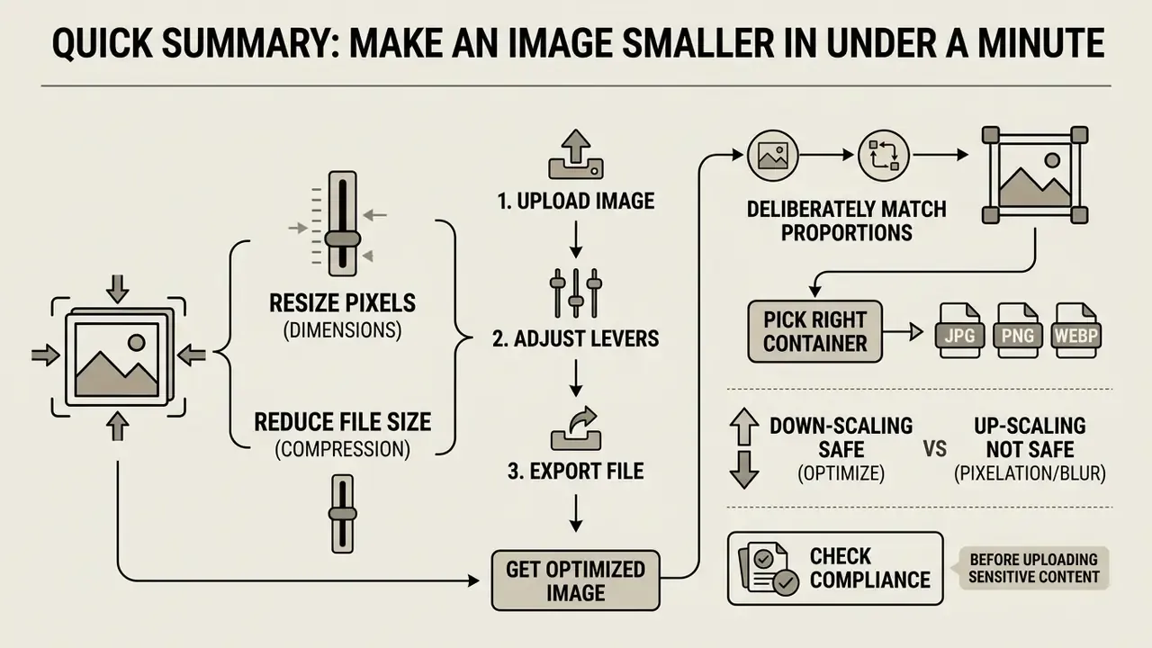 Infographic showing a three-step workflow to resize pixels and reduce file size for optimized images