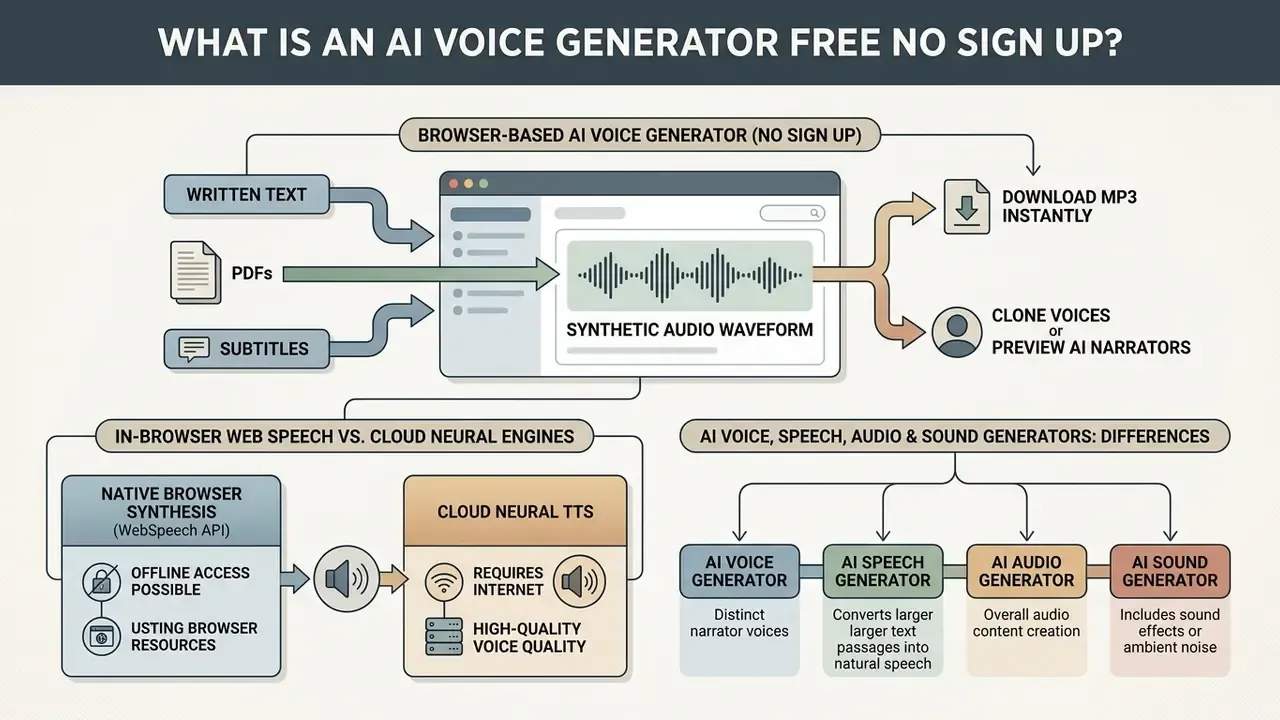 Flowchart showing how browser tools convert text into audio without sign up and comparing various AI generators