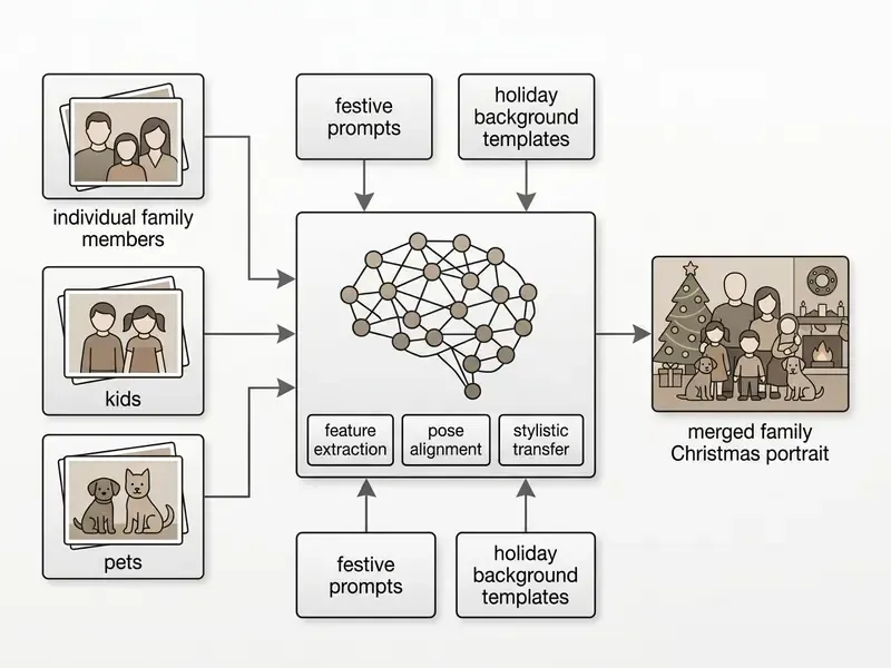 Diagram showing individual photos of family members and pets being merged into a single holiday portrait