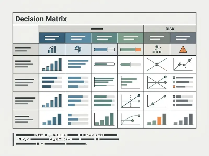 Table displaying a decision matrix with various data visualization icons and comparative metrics