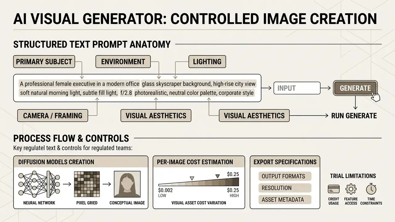 Diagram detailing prompt anatomy, diffusion model creation, cost estimation, and export specifications