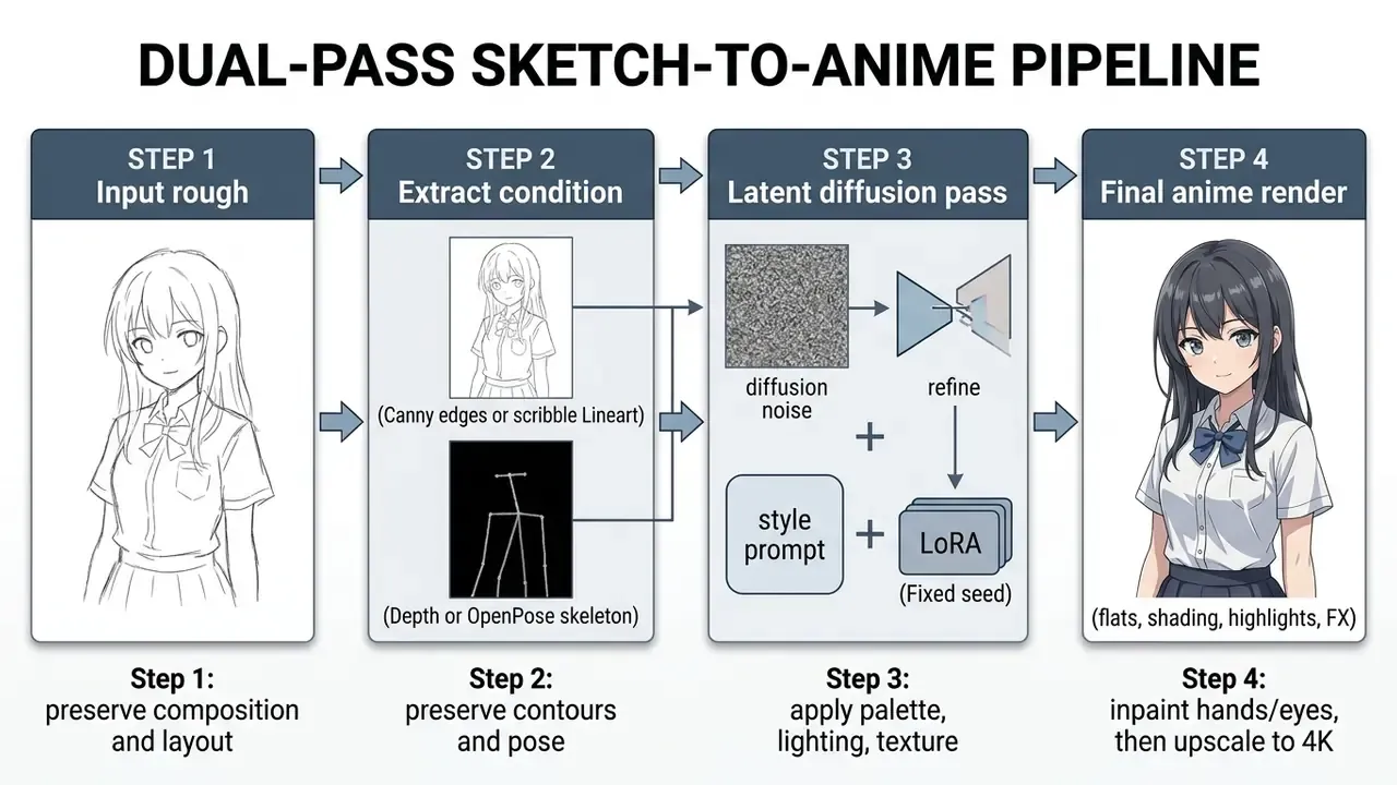 Four step workflow diagram showing how an anime AI art generator transforms a sketch into a final render