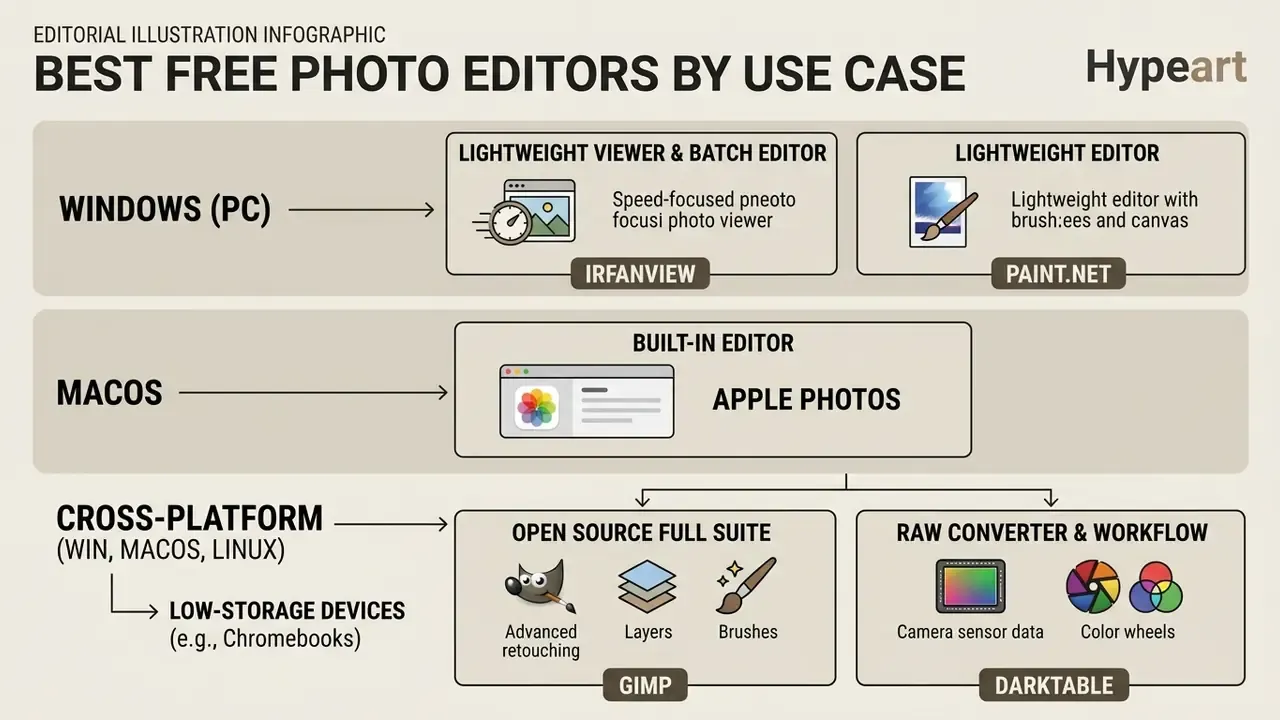 Categorized guide comparing various image processing applications based on operating system and functionality