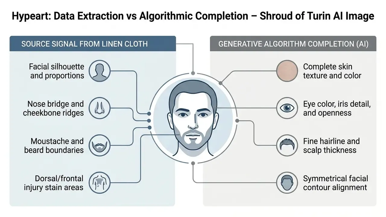Diagram comparing physical features extracted from linen cloth versus AI generated facial details