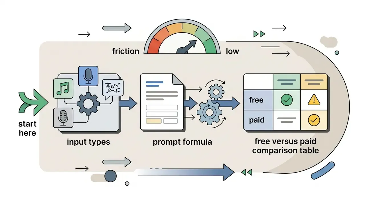 Sequence of input types, prompt formula, and comparison table with a low friction gauge