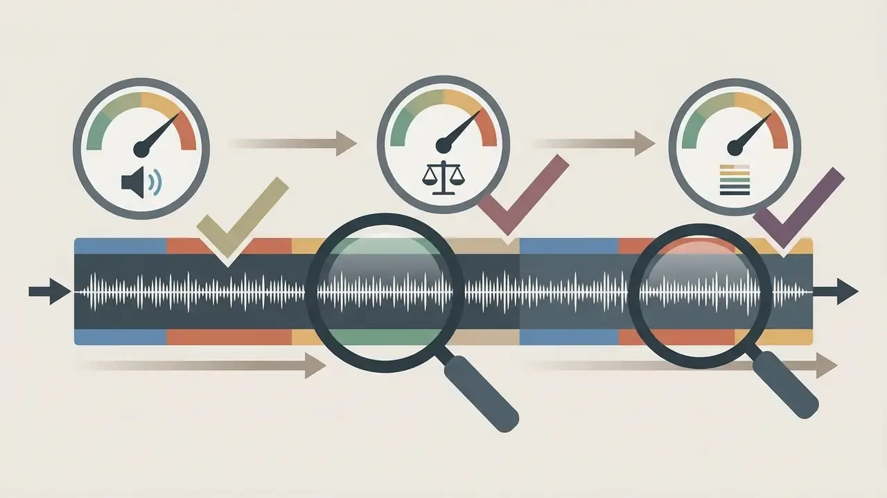 Magnifying glasses inspecting audio waveforms alongside gauges for volume balance and sound quality