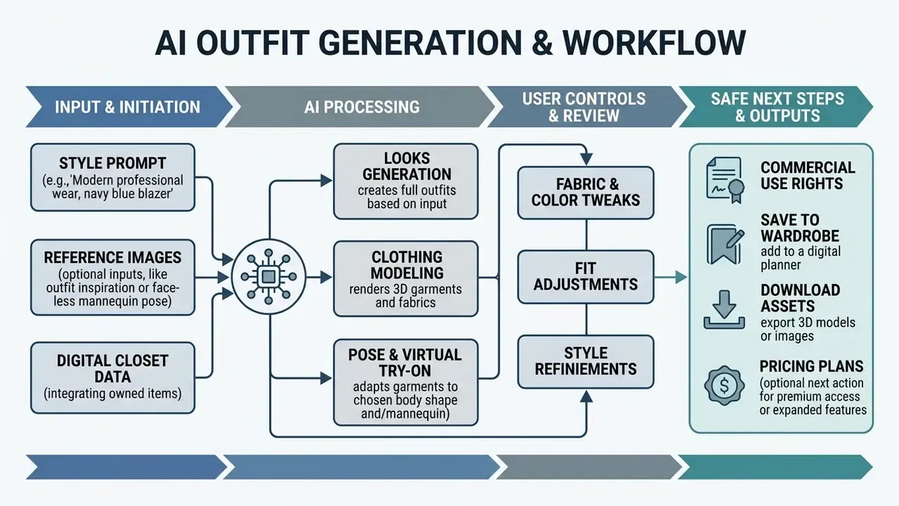 Sequential process mapping user inputs through algorithmic modeling to final fashion asset outputs
