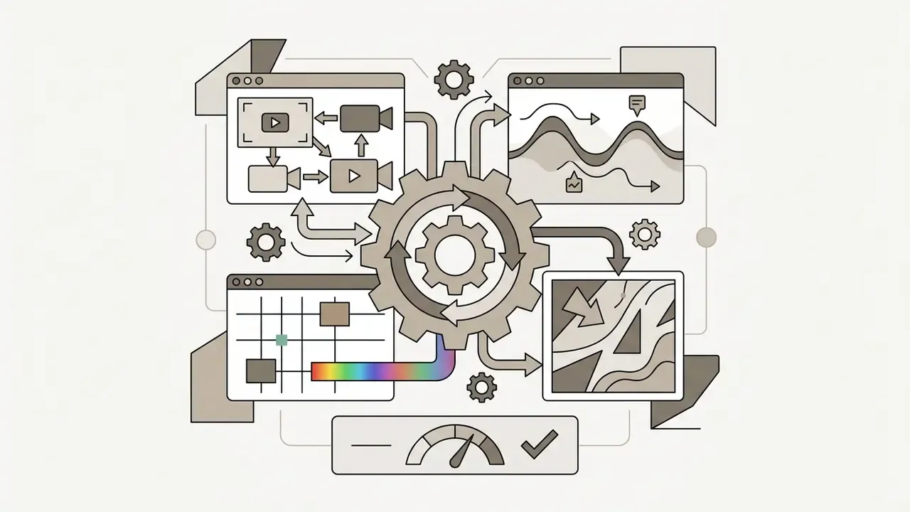 Central gear connecting software windows for video editing, audio waves, color grading, and project pacing