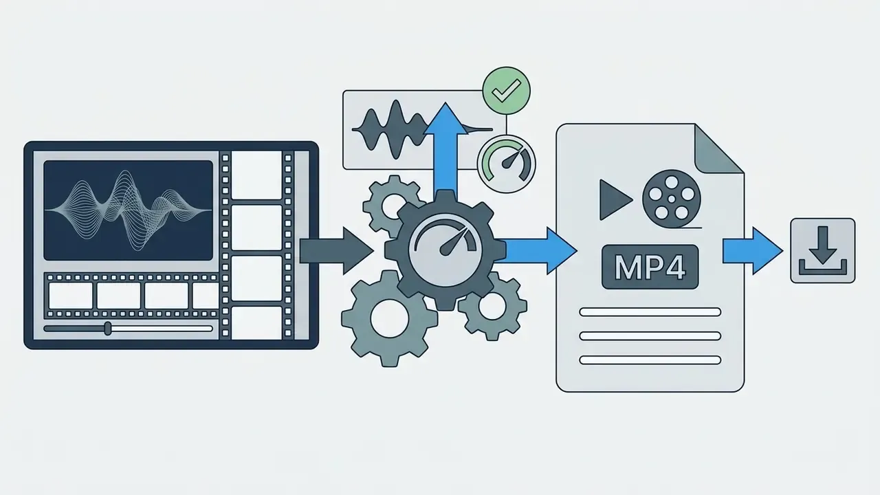 Video timeline processing through gears and gauges to create an MP4 file for download