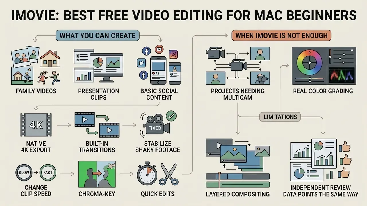 Flowchart comparing iMovie capabilities for casual projects against advanced professional requirements