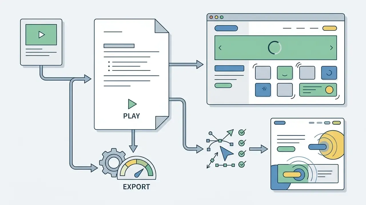 Process showing animation file export from software to web interface and interactive UI elements