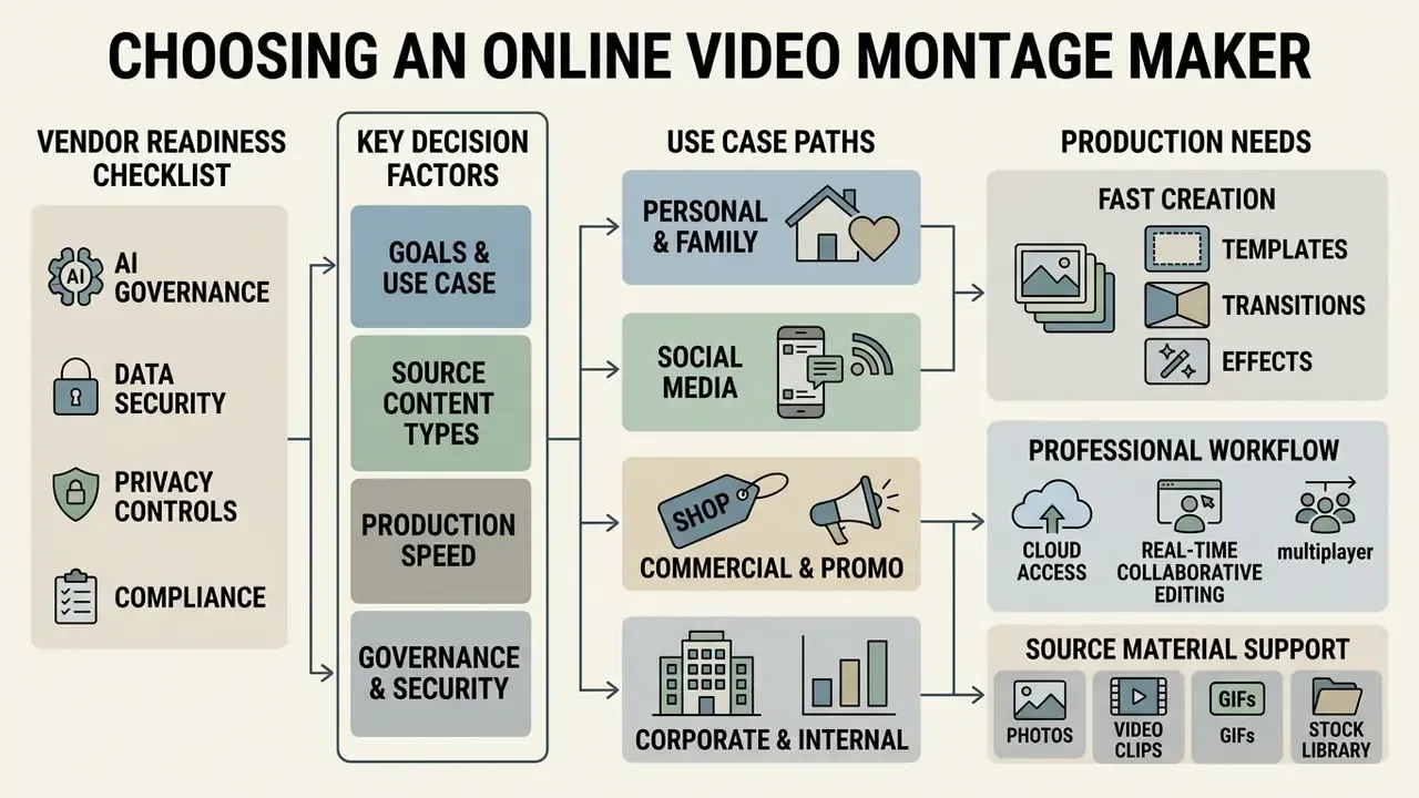Flowchart outlining decision factors and production needs for selecting an online video montage maker
