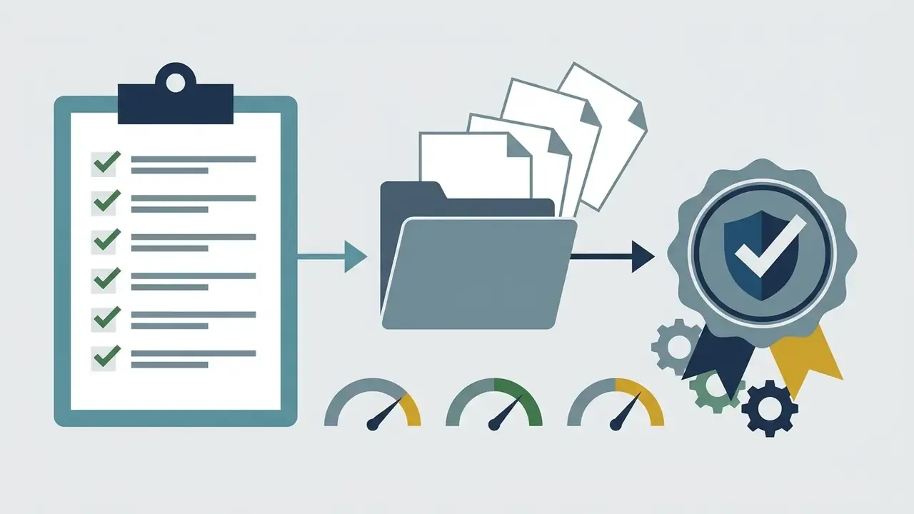 Checklist leading to a folder of documents and a shield badge with gears and speed gauges
