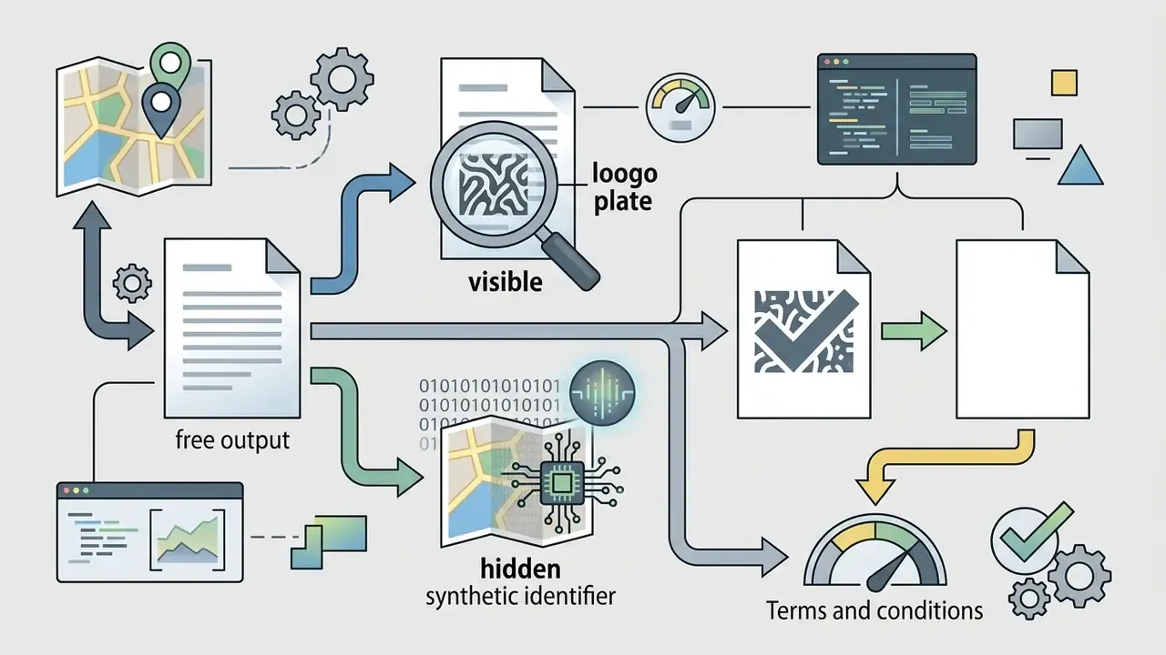 Process map showing visible watermarks and hidden synthetic identifiers applied to digital map outputs