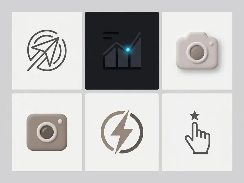 Grid of six diverse digital icons including line art, 3D clay styles, and neon-accented UI symbols