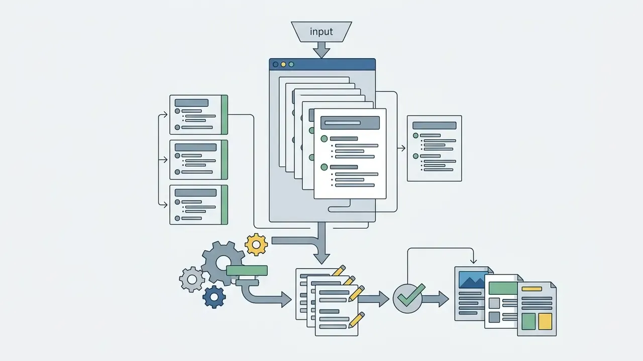 Visual representation of text input processing into structured outlines and final slide layouts