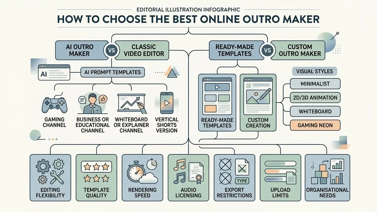 Comparison chart outlining key evaluation criteria for selecting an online outro maker