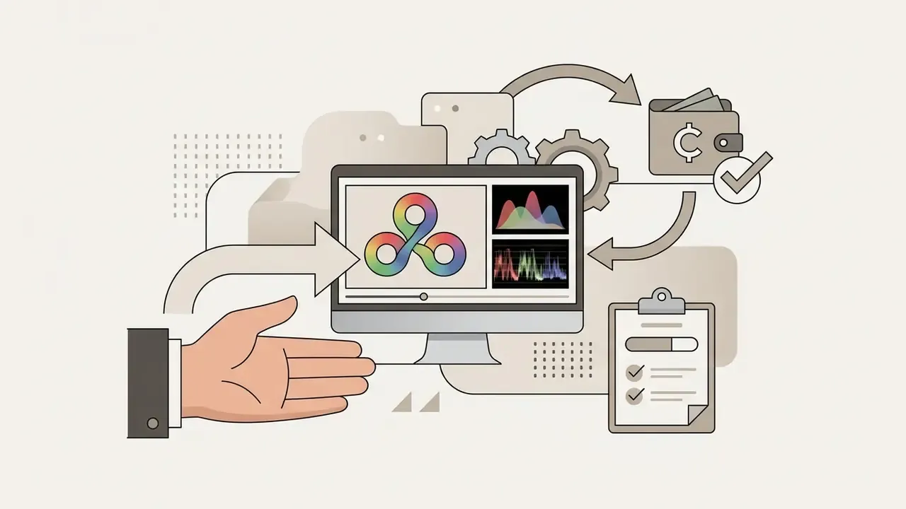 Computer screen showing color grading tools with a hand gesture, wallet icon, and checklist for video editing