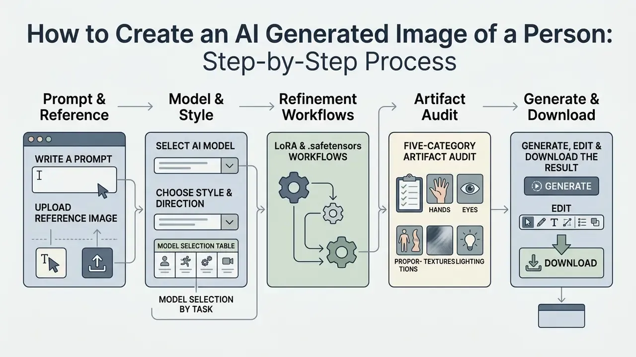 Five-step workflow diagram detailing prompt entry, model selection, refinement, auditing, and downloading