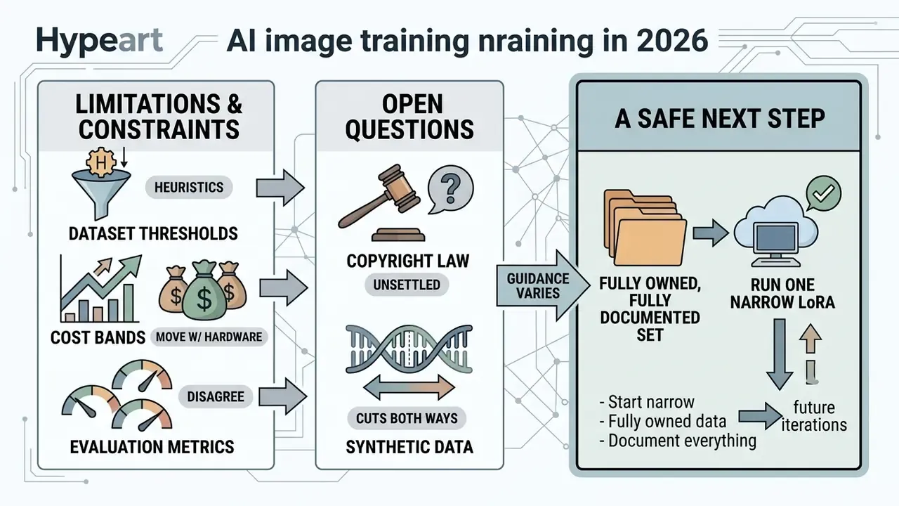 Infographic showing model development constraints, legal questions, and a recommended LoRA training path