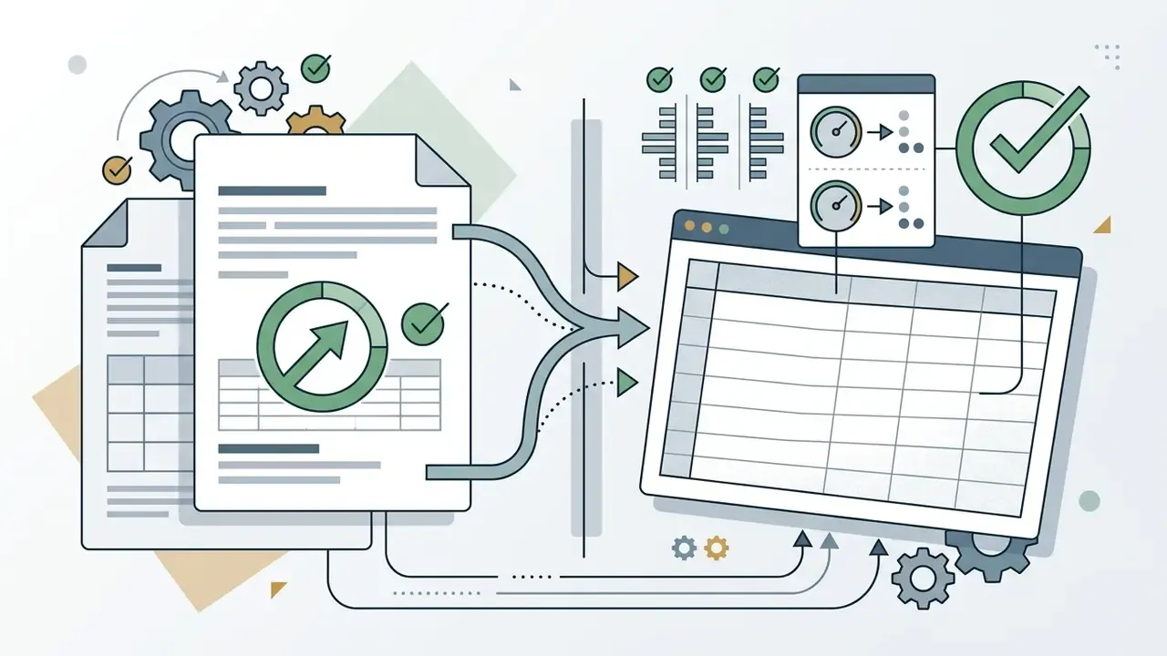 Document data flowing into a spreadsheet interface with gauges and checkmarks for validation