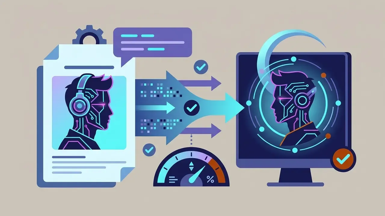 Document with a profile avatar being processed by digital arrows into a stylized computer monitor display