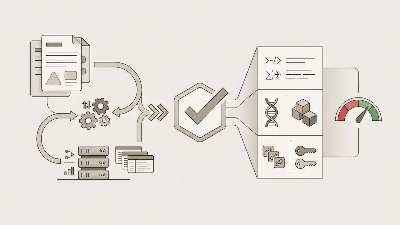 Documents and server data flowing through processing gears into a validation hub and metadata dashboard