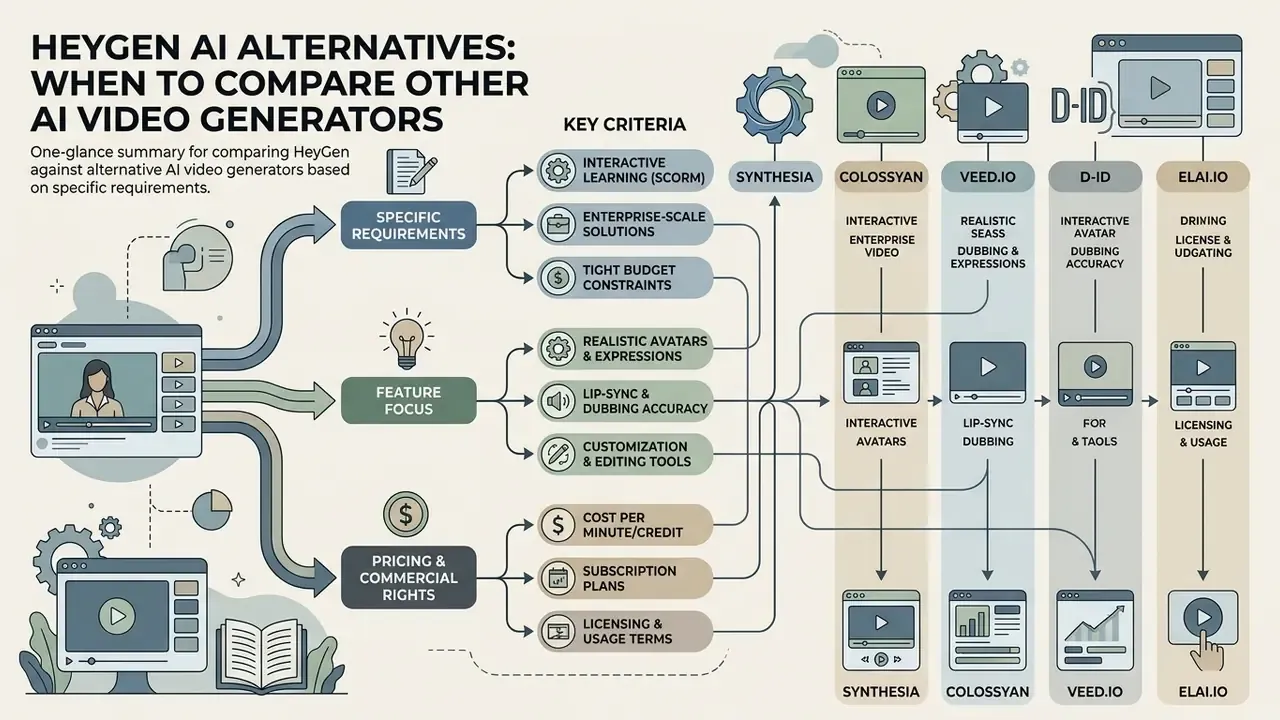Decision matrix mapping HeyGen requirements to specific features of alternative AI video generators