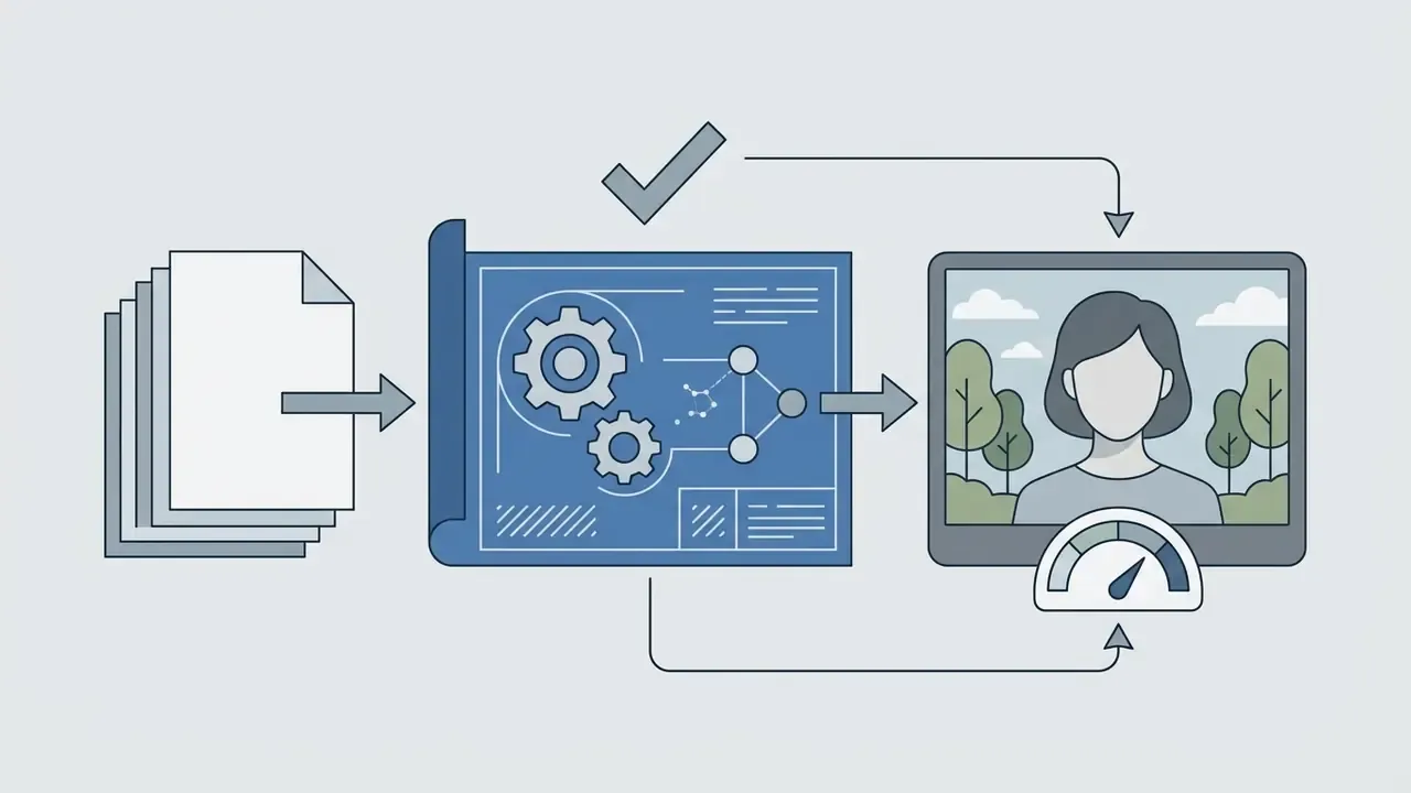 Stacked documents flowing into a technical blueprint that generates a portrait on a screen with a gauge