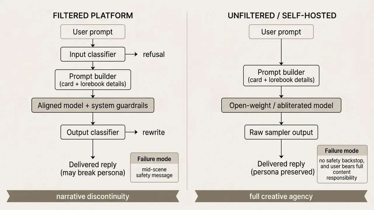 Flowchart comparing the processing steps of filtered platforms versus unfiltered self-hosted AI models