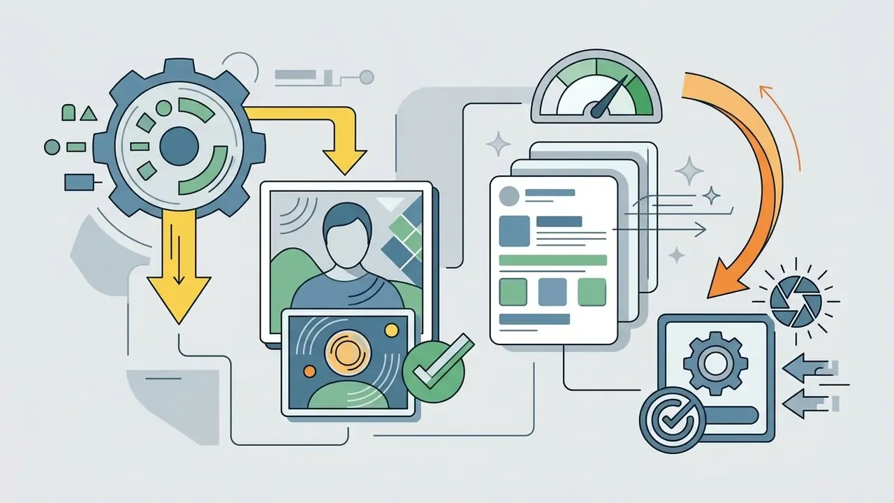 Mechanical gear processing portraits and social media templates into a verified digital output