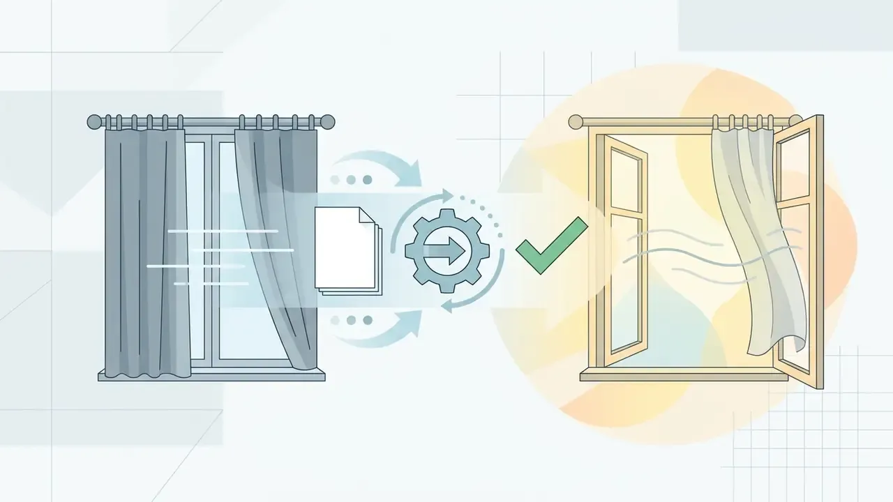 Document icon passing through a processing cycle to animate curtains blowing in a window