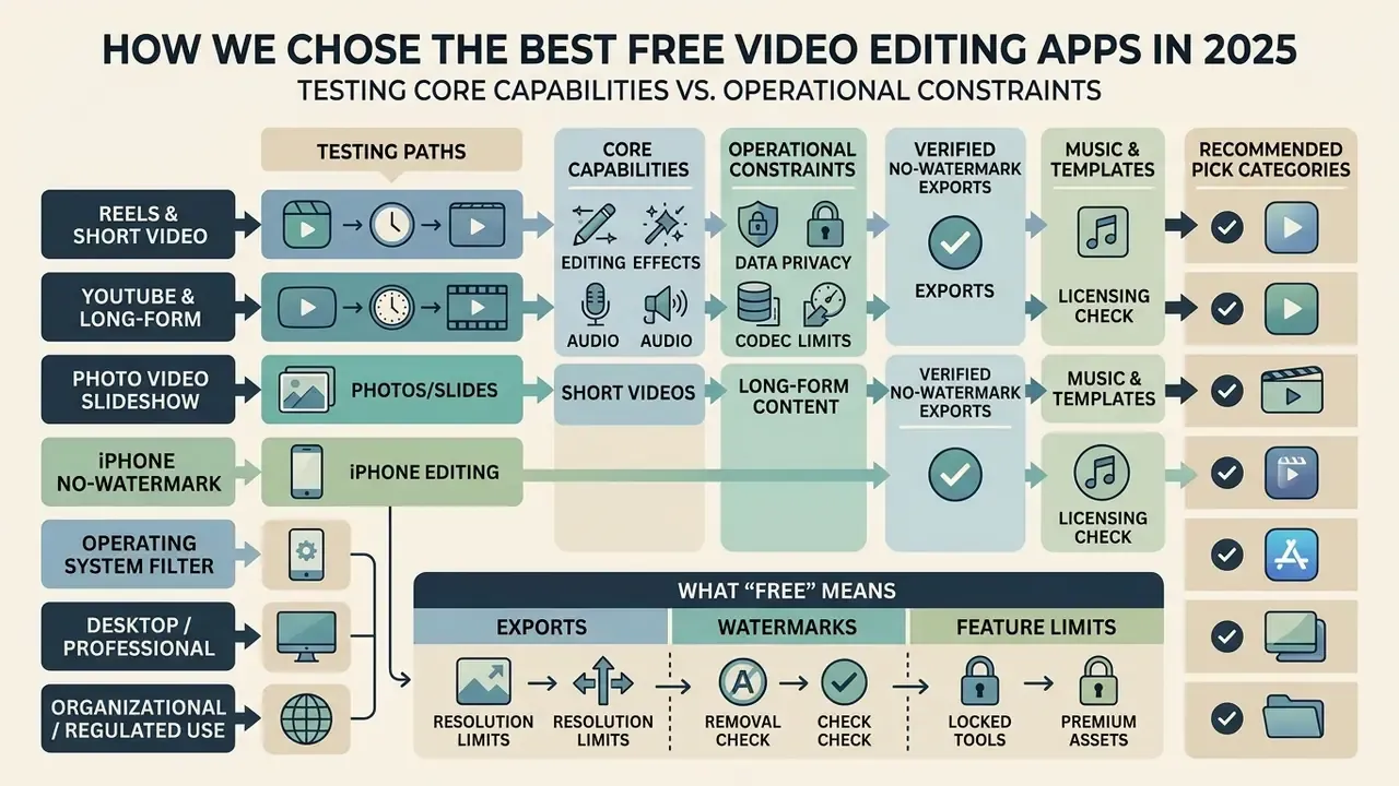 Flowchart detailing the testing paths and criteria used to evaluate free video editing software