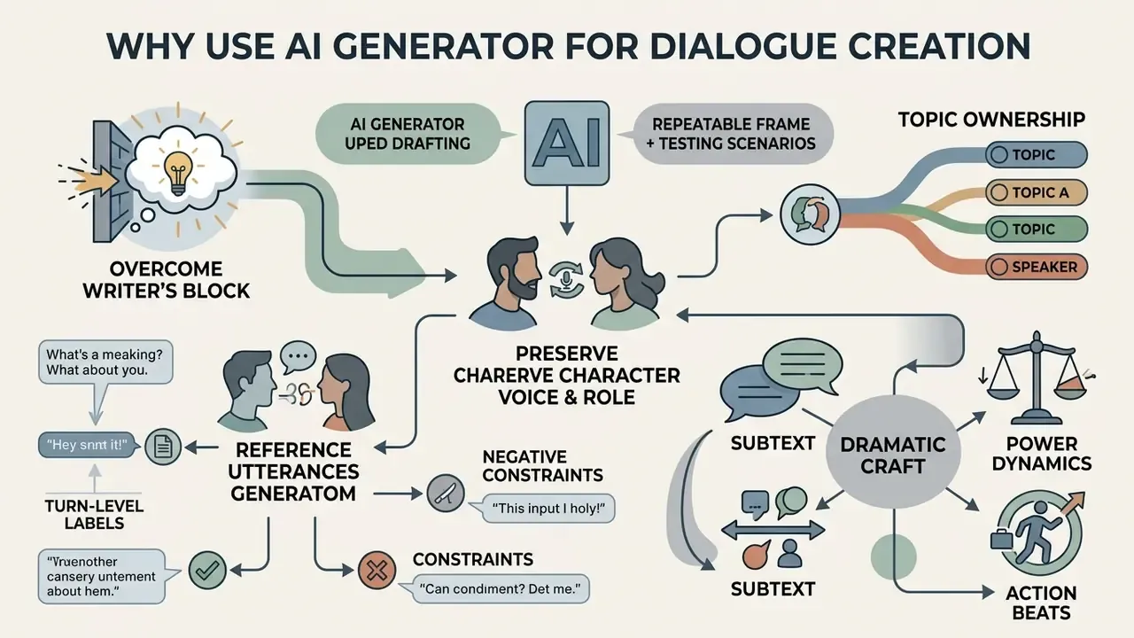 Infographic mapping how an AI conversation generator supports drafting, character voice, and dramatic craft