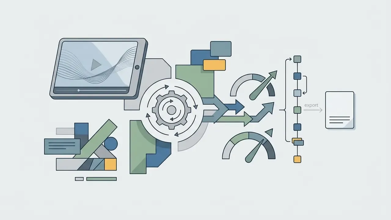 Tablet displaying video content connected to a gear mechanism, speed gauges, and a final export file