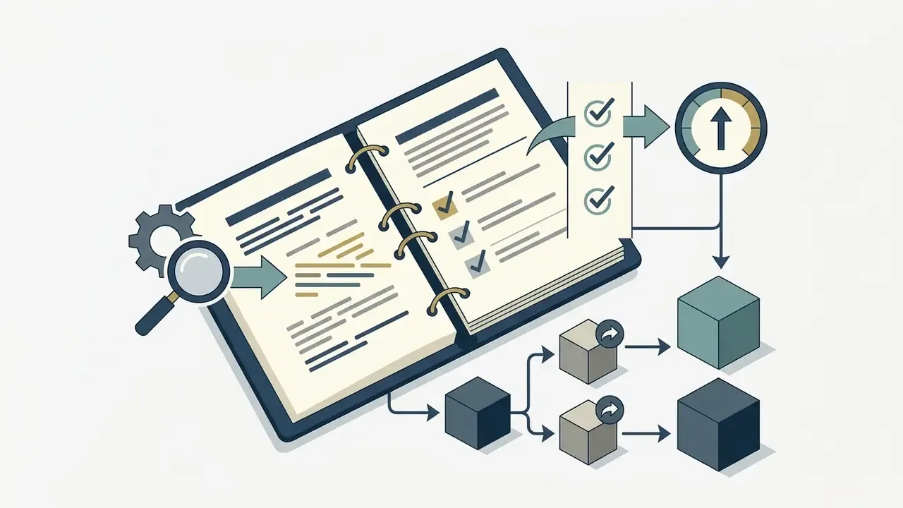 Magnifying glass and gear icon reviewing a notebook with a checklist feeding into storage data blocks