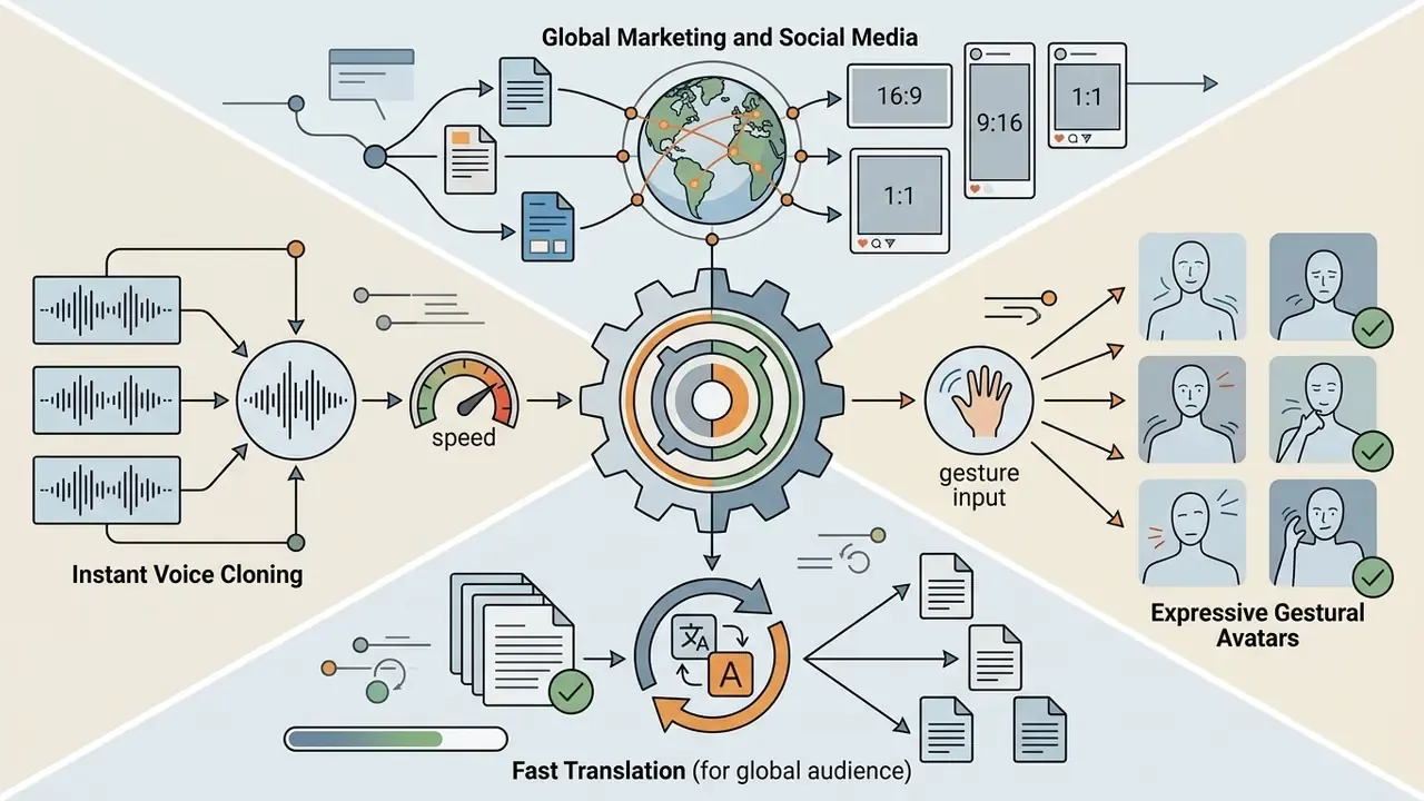 Central gear processing voice cloning, gesture inputs, and translations for global video marketing