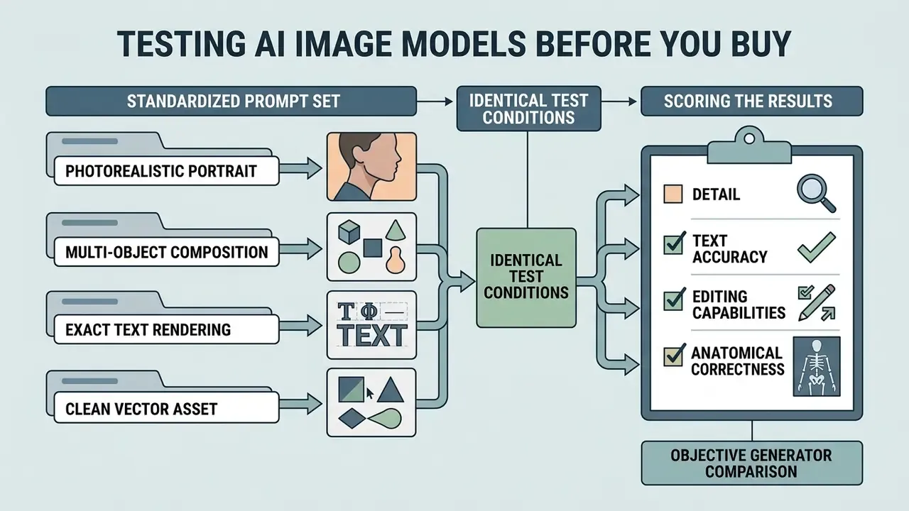 Diagram showing standardized prompts for testing AI generators and a checklist for scoring output results